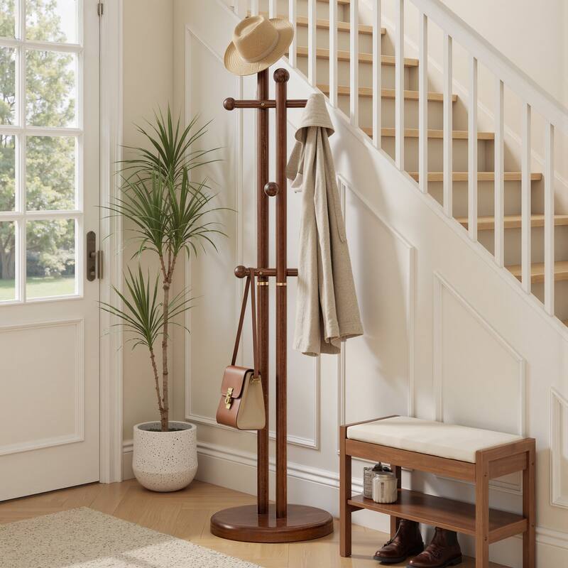 Freestanding Coat Rack Wooden Coat Tree with 6 Hooks and 2 Main Rods - 73.23"H x 15.75"W