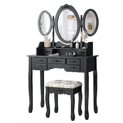 Makeup Vanity Table Set with Stool Drawers and Foldable Mirror