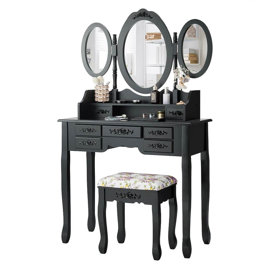 Makeup Vanity Table Set with Stool Drawers and Foldable Mirror