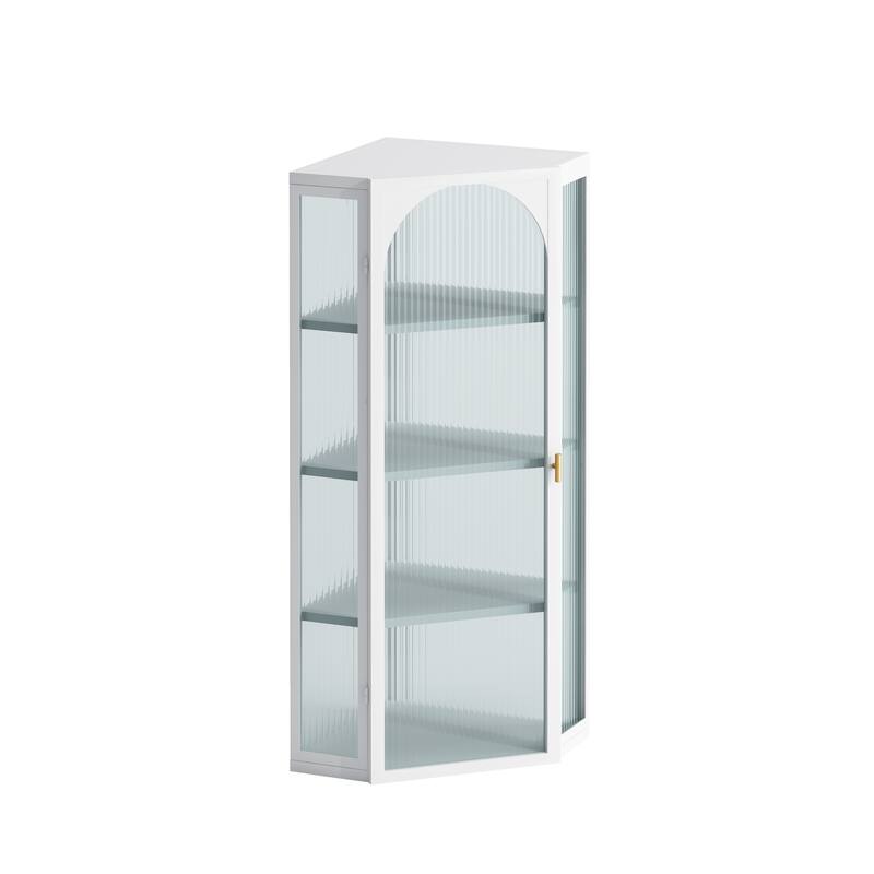 Glass Door Wall Mounted Corner Cabinet with Featuring Four-tier Storage