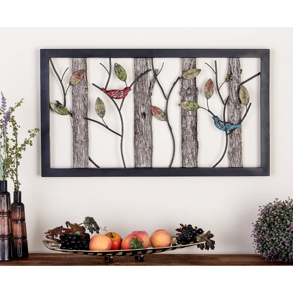 Black Metal Bird Wall Decor with Tree Branches and Colorful Leaves