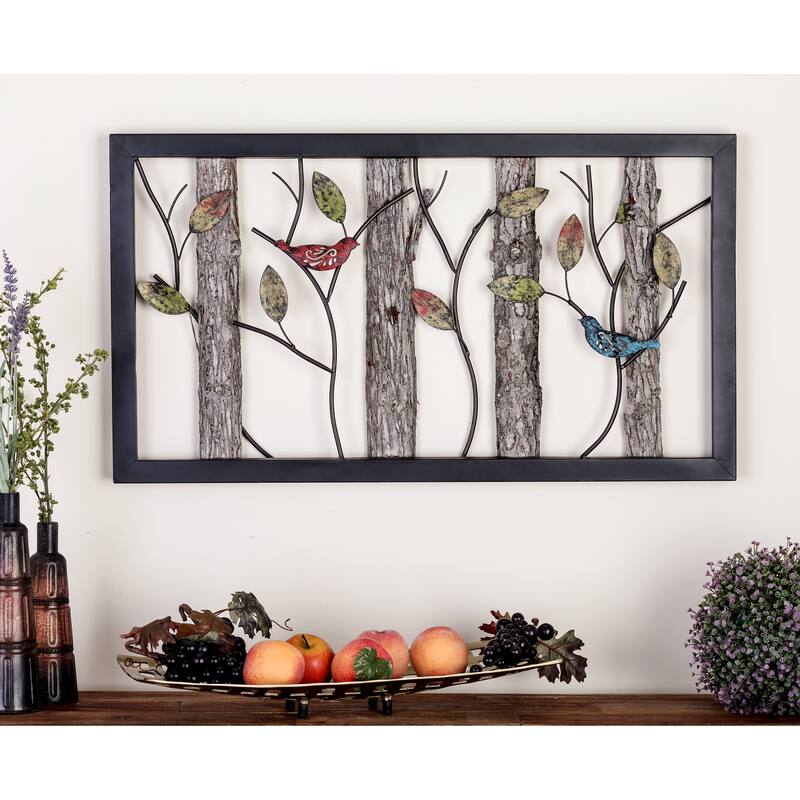 Black Metal Bird Wall Decor with Tree Branches and Colorful Leaves - Black - 36"W, 20"H