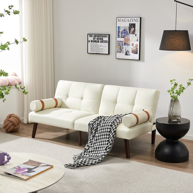 Convertible Sofa Bed Futon with Solid Wood Legs Linen Fabric