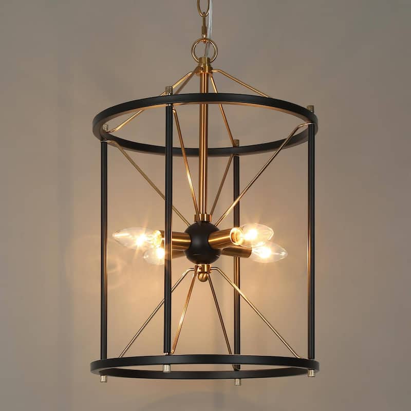 Leno Modern Classic 4-Light Black Gold Chandelier Birdcage-Shaped Fixture Starburst Pendant Lights for Dining Room