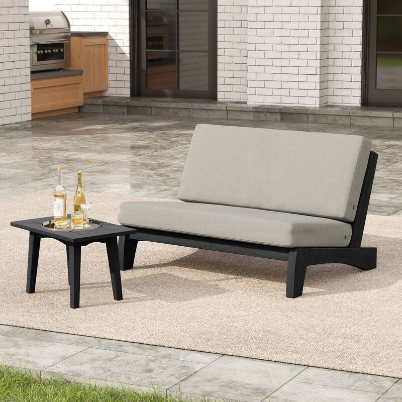 2-Piece Outdoor Teak Wood Loveseat Patio Set with Side Table - Light Camel-Whole Cushion - Black Frame