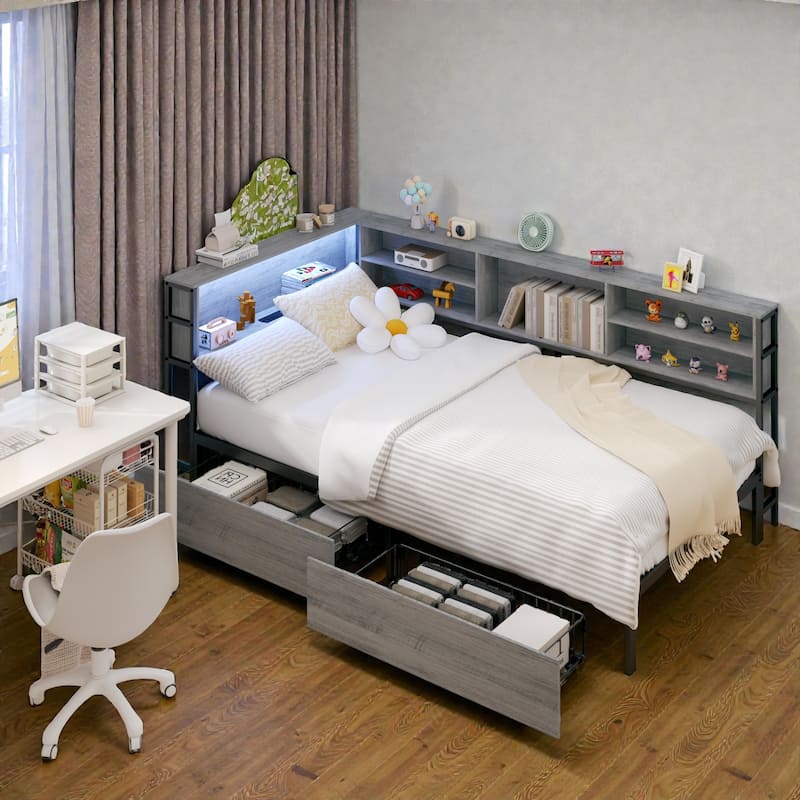 Corner Daybed with Storage Drawers and Bookcase Headboard, LED Light, USB Charging Station, No Box Spring Needed - Grey - Twin