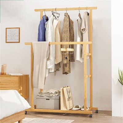 Clothing Rack Bamboo Garment Rack Rolling Coat Hanging Stand - 31.5x15.7x63 inch