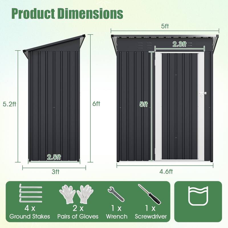 Gymax 5 x 3 FT Outdoor Storage Shed Galvanized Metal Tool House w/