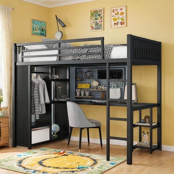 slide 2 of 39, Metal Loft Bed with Desk and Storage Shelves, TwinXL/FullXL/Queen Twin XL