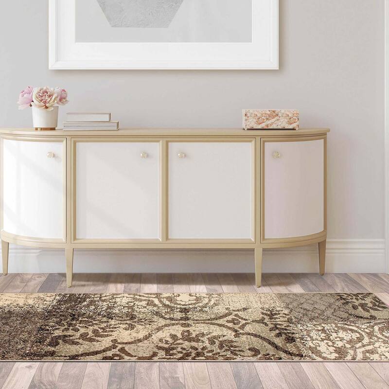 Superior Bristol Distressed Abstract Damask Indoor Runner or Area Rug - 2' 7" x 8' - Beige/Brown