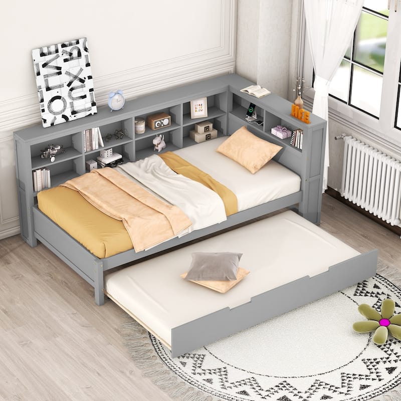 Wooden DayBed Sofa Bed Frame with L-Shape Storage Headboard, Platform Bed Pull-out Trundle Bed, USB Charging Ports - Grey - Twin