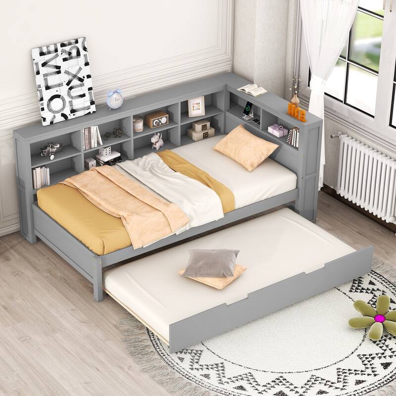 DayBed with Trundle, Storage Shelf and USB Charging Ports - Grey - Twin