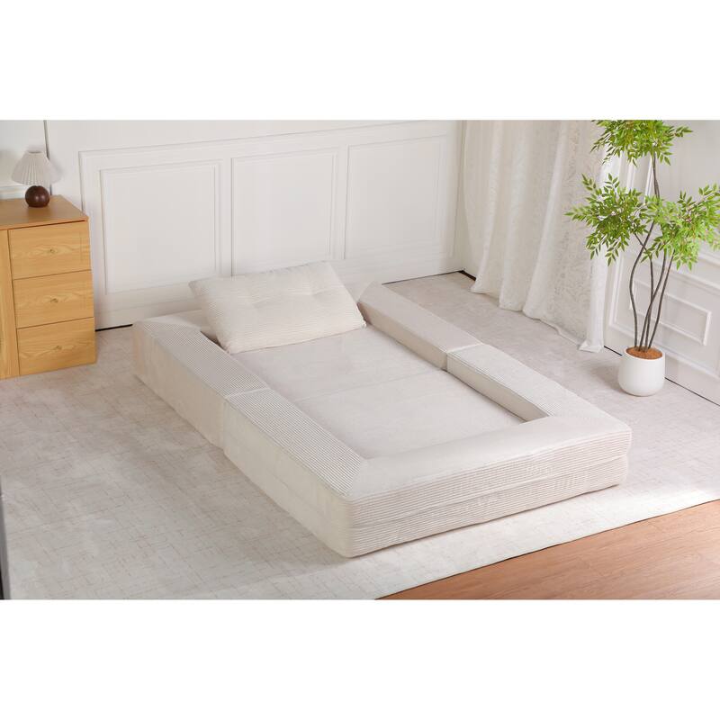 Compression Human Dog Sofa Bed for Adult & Pets, Modern Floor Couch With Pillow for Living Room Bedroom, Corduroy Fabric