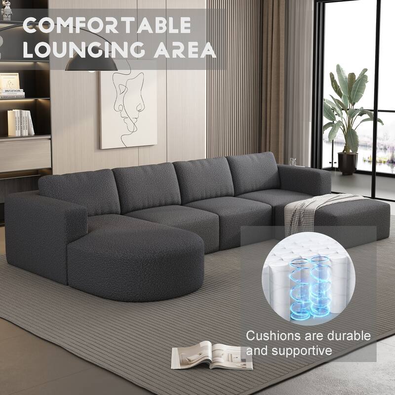104.32" Yarn Fleece Modular Sectional Sofa Set with Chaise & Ottoman, U-Shaped 5-Seater Sleeper