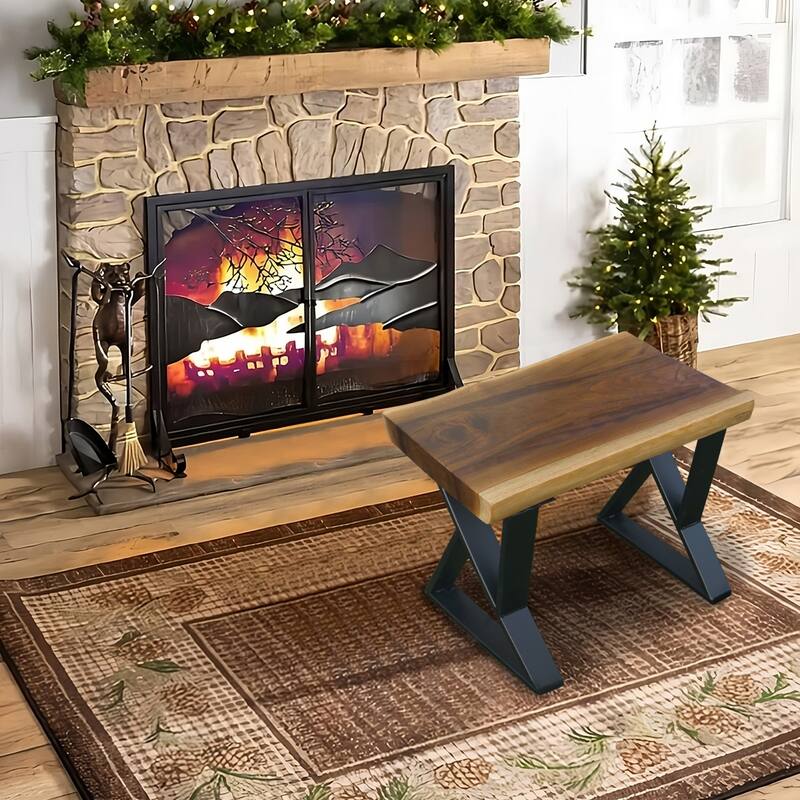 Greenage Pieced Teak Rectangle Bench Rustic Metal Seating Chair
