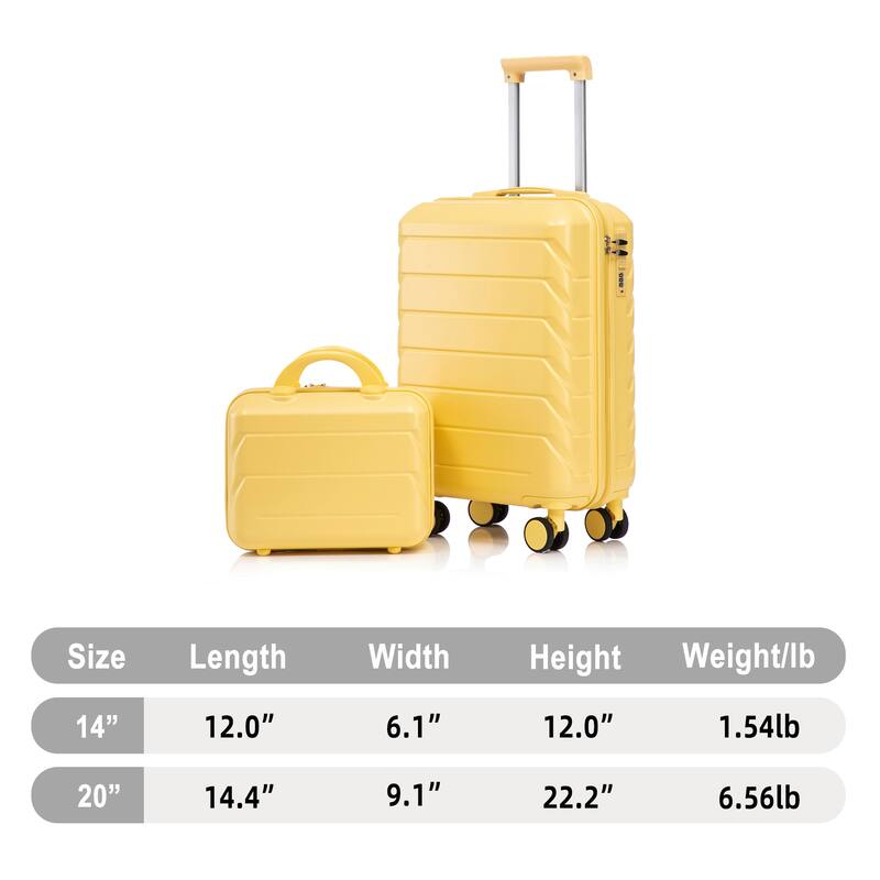 14"/20" 2-Piece, Modern Luggage Sets with Makeup Case, Spinner Wheel and Combination Lock, for Boarding Travel, Yellow
