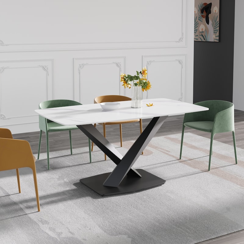 63" Modern Dining Table with Slate Stone Top and Metal Legs, Marble Dining Table
