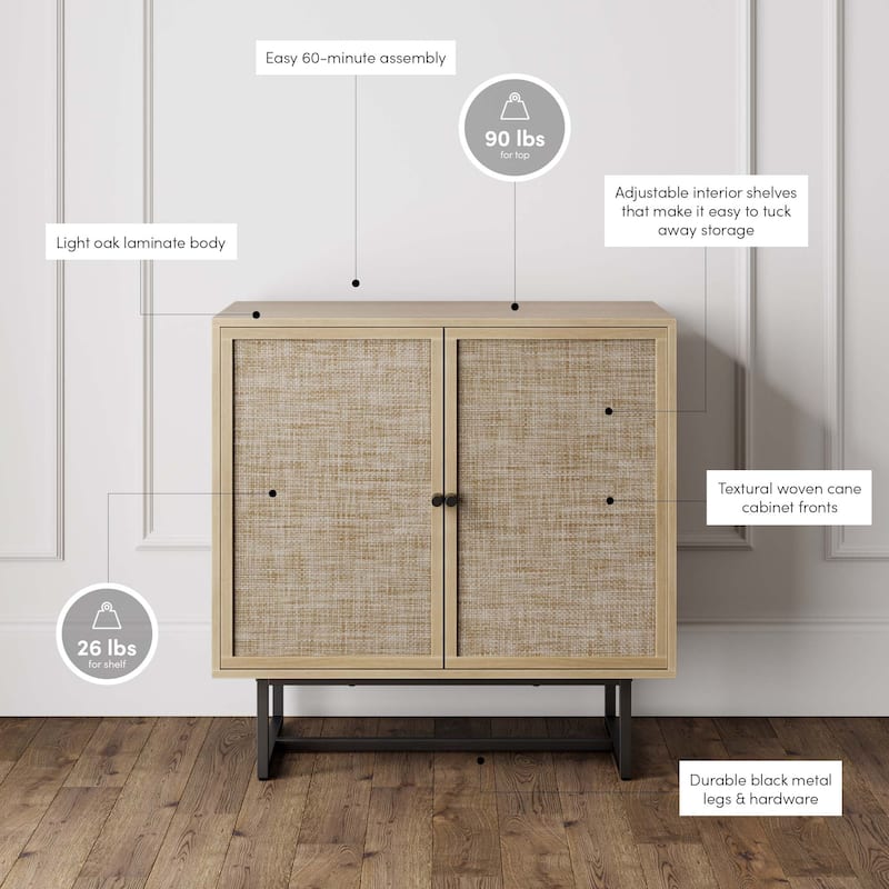 Nathan James Kova Natural Cane Rattan Doors Accent Cabinet with Metal Base and Adjustable Shelf