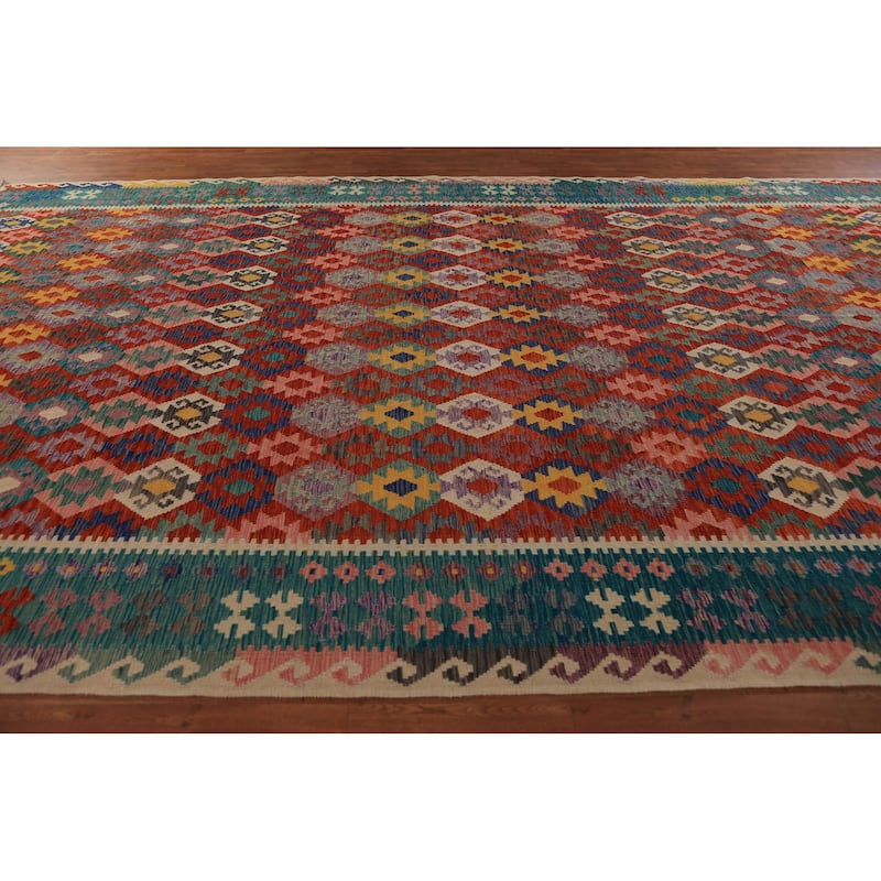 Geometric Kilim Oriental Large Rug Hand-Woven Wool Carpet - 10'3"x 16'6"