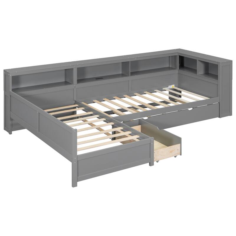 Wood Twin Size L-Shaped Platform Bed with Trundle Drawer Storage