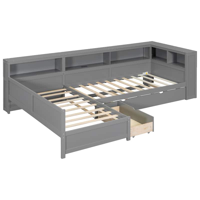Wood Twin Size L-shaped Platform Bed with Trundle, Charging Station and Storage Shelves