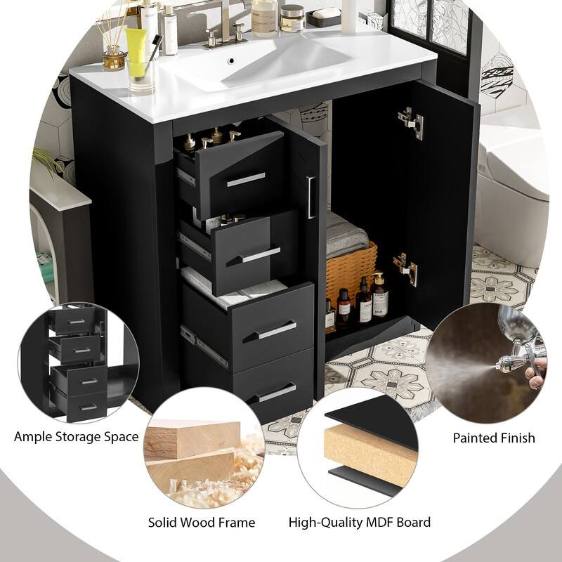 36'' Bathroom Vanity with Ceramic Sink Combo, Solid Wood Frame Bathroom Storage Cabinet, Freestanding Vanity Set with 3 Drawers
