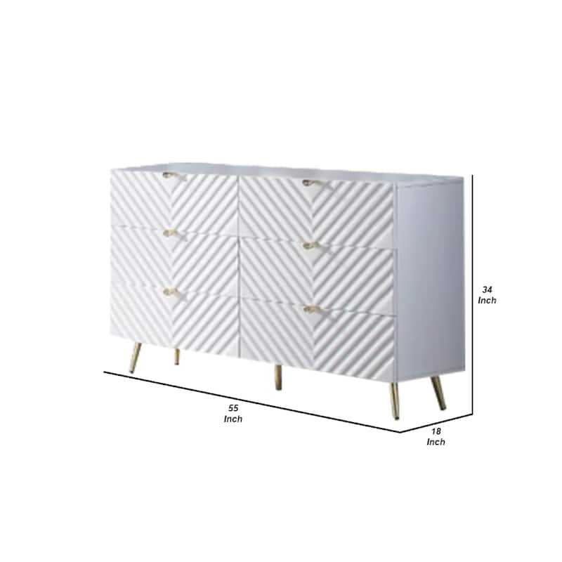 Tyra 55 Inch Wood Dresser, Wavy Textured Design, Gold Metal Legs, White