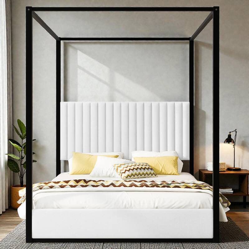 Upholstered Canopy Platform Bed with Headboard, Metal Frame Queen King Bed, No Box Spring Needed