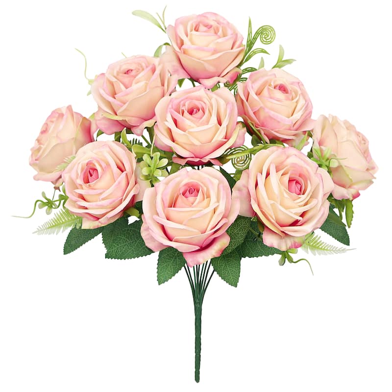 Set of 2 Pink Cream Artificial Royal Rose Flower Stem Bush Bouquet 17in - 17" L x 11" W x 11" DP