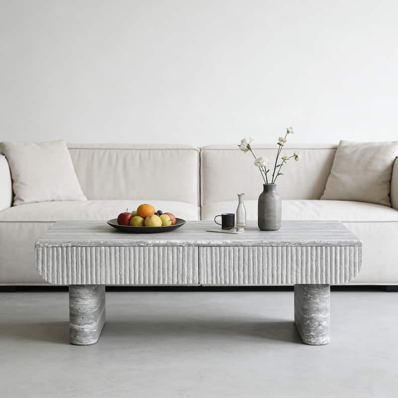 Coffee Table with Grey Wood Texture Tabletop, Mid Century Modern Coffee Table with Fluted Drawer, for Living Room, Office