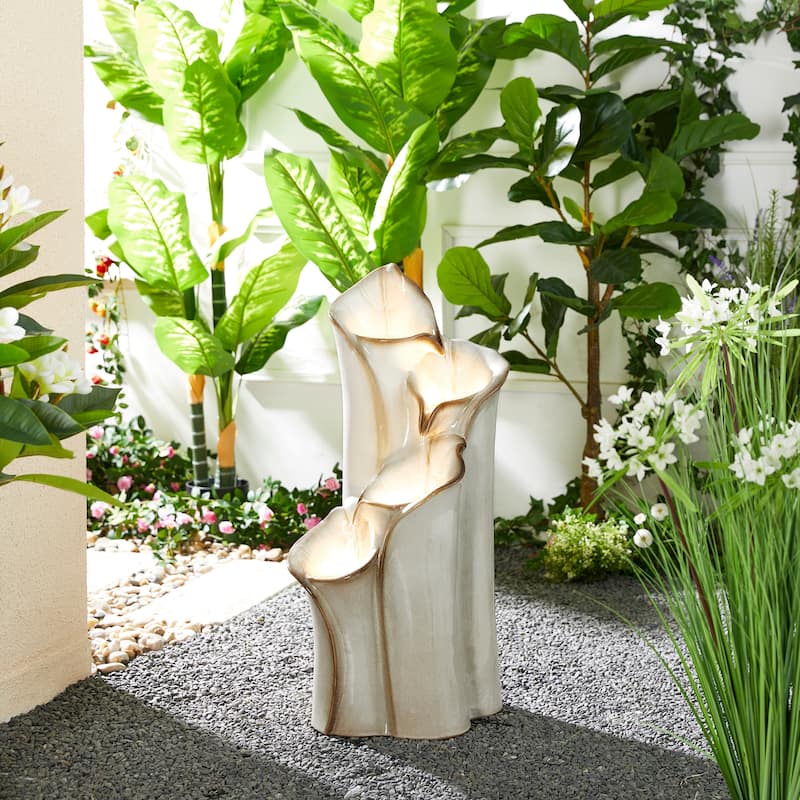 Glitzhome 31.75"H 4-Tier LED Vase-Shaped Ceramic Outdoor Floor Fountain with Birds/ Lotus