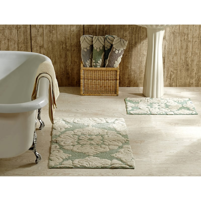 Better Trends Medallion Tufted Bath Mat Rug 100% Cotton - 2 Piece Set (17" x 24" | 24" x 40") - Sage & Natural