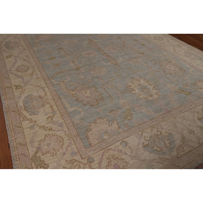 Floral Blue Oushak Turkish Area Rug Hand-Knotted Wool Carpet - 9'0"x 12'1"