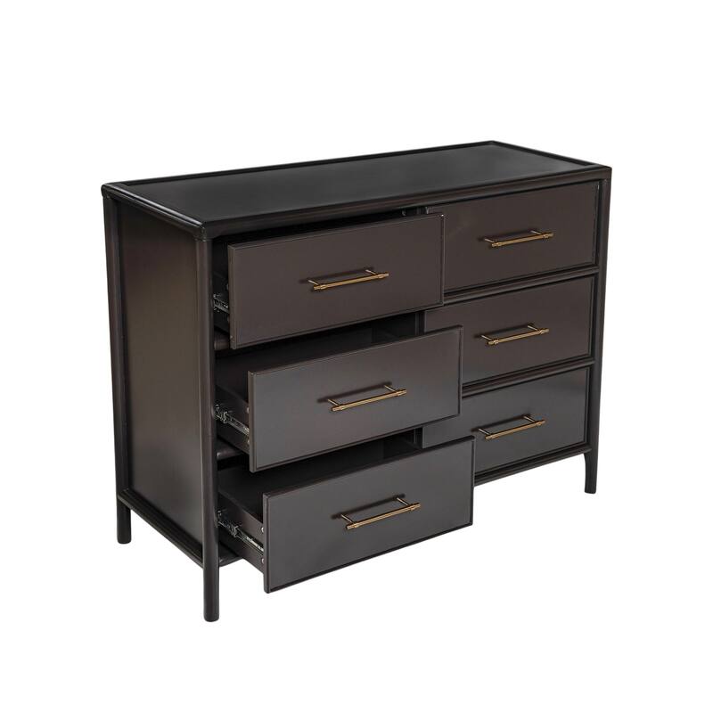 Roomfitters Large 6-Drawer Sideboard Storage Cabinet with Gold Handles - Dark Brown