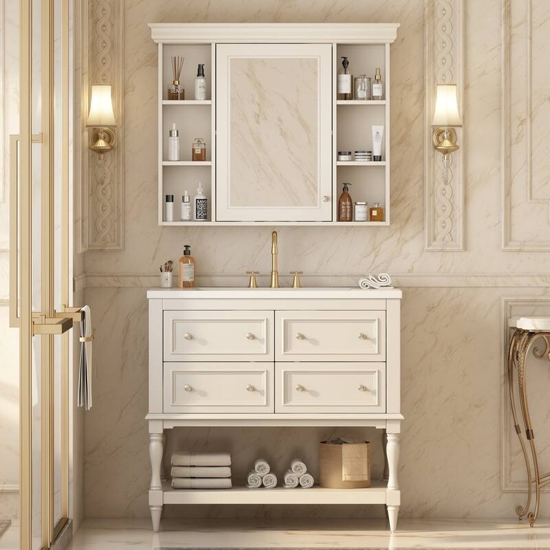 36 inch MDF Freestanding Bathroom Vanity Set with Integrated Resin Sink with Mirror cabinet - Beige