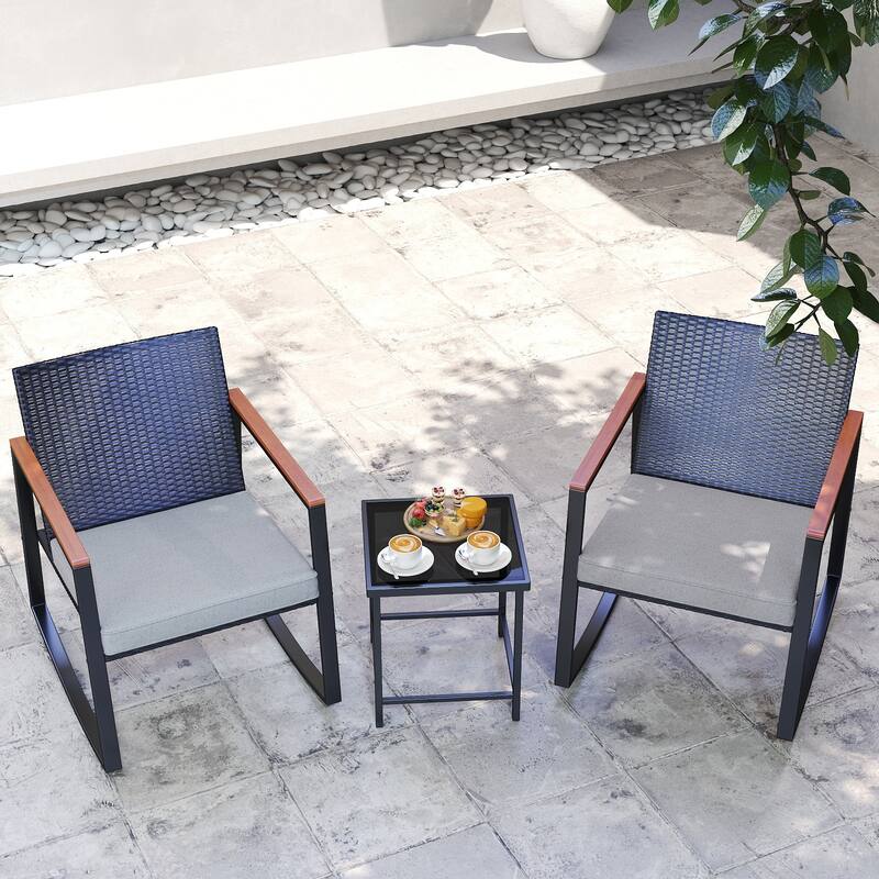 3 Piece Rocking Patio Bistro Set Wicker, Rocking Chair Pub Set with Glass Table