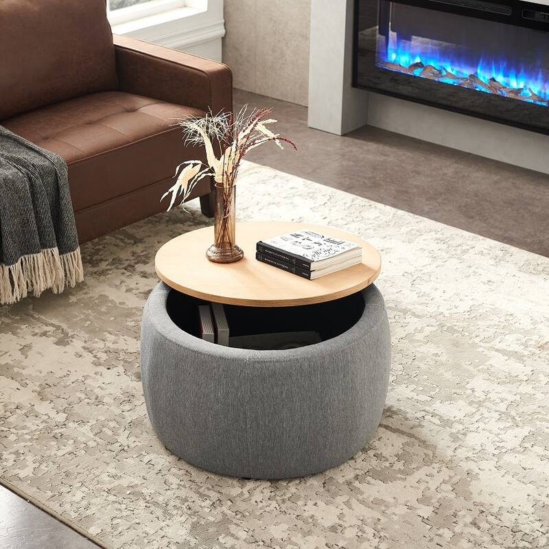 Round Storage Ottoman, 2 in 1 Function, Work as End table and Ottoman