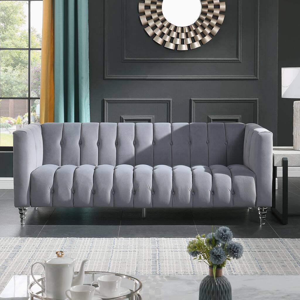 Modern Velvet 3 Seater Sofa Chesterfield Bench Couches, Luxurious Plush Lines Decorate Sofa Accent Sofa with Acrylic Leg
