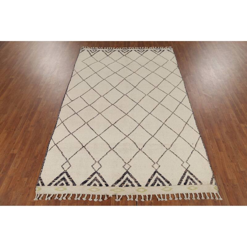 Beige Trellis Moroccan Oriental Area Rug Hand-Knotted Wool Carpet - 6'3"x 9'9"