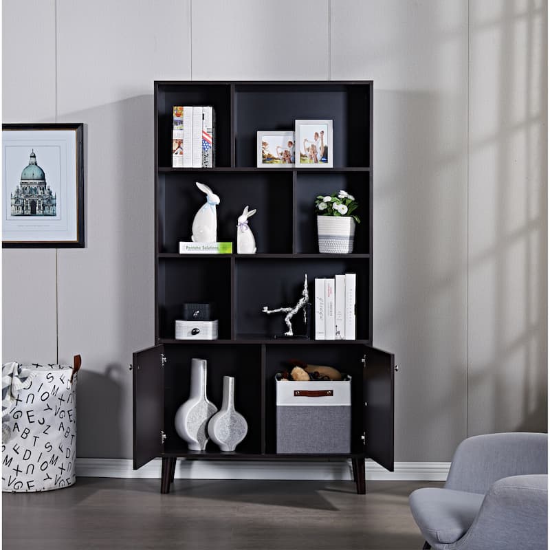 3-tier Wood Bookshelf Bookcase with 2 Bottom Enclosed Cabinet