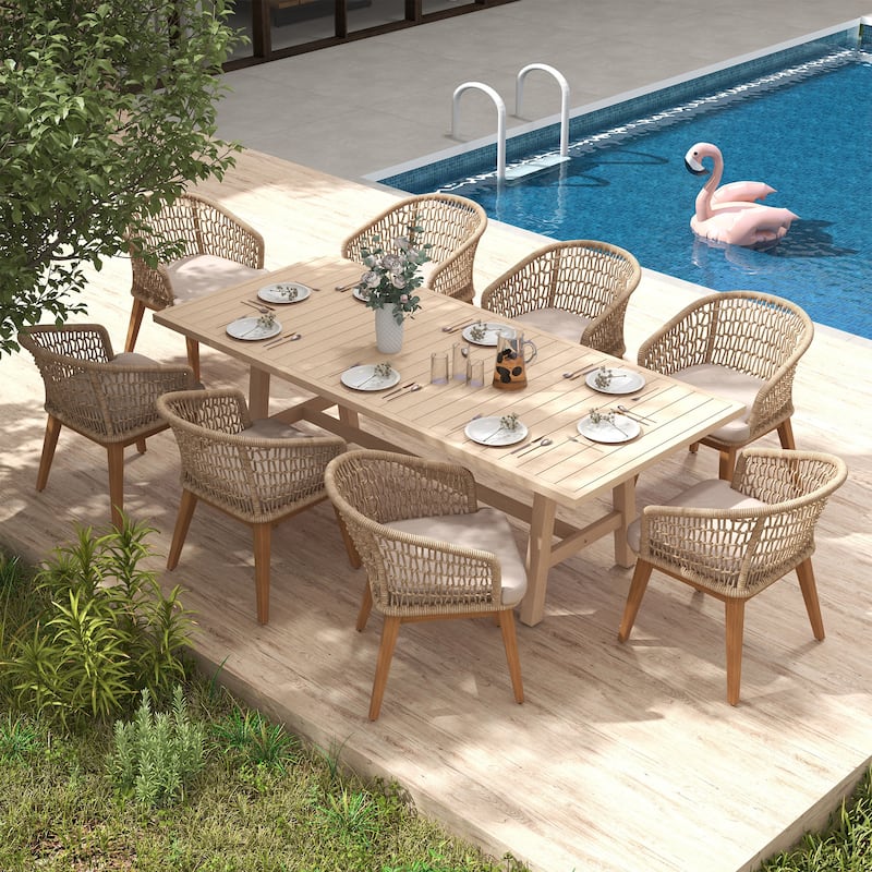 Outdoor 9-Piece Woven Rope Dining Chair and Wood Table Set - Beige