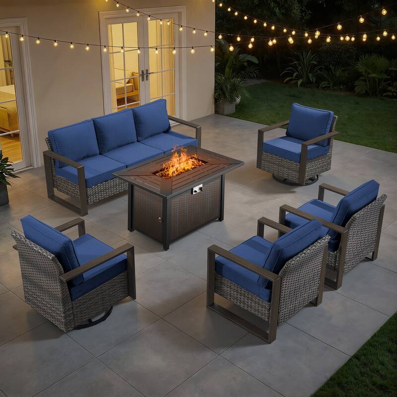Meyreso Wicker Outdoor Patio Metal Fire Pit Set with Swivel Gliders and Olefin Cushions - Gray / Navy Cushions - 6-Piece
