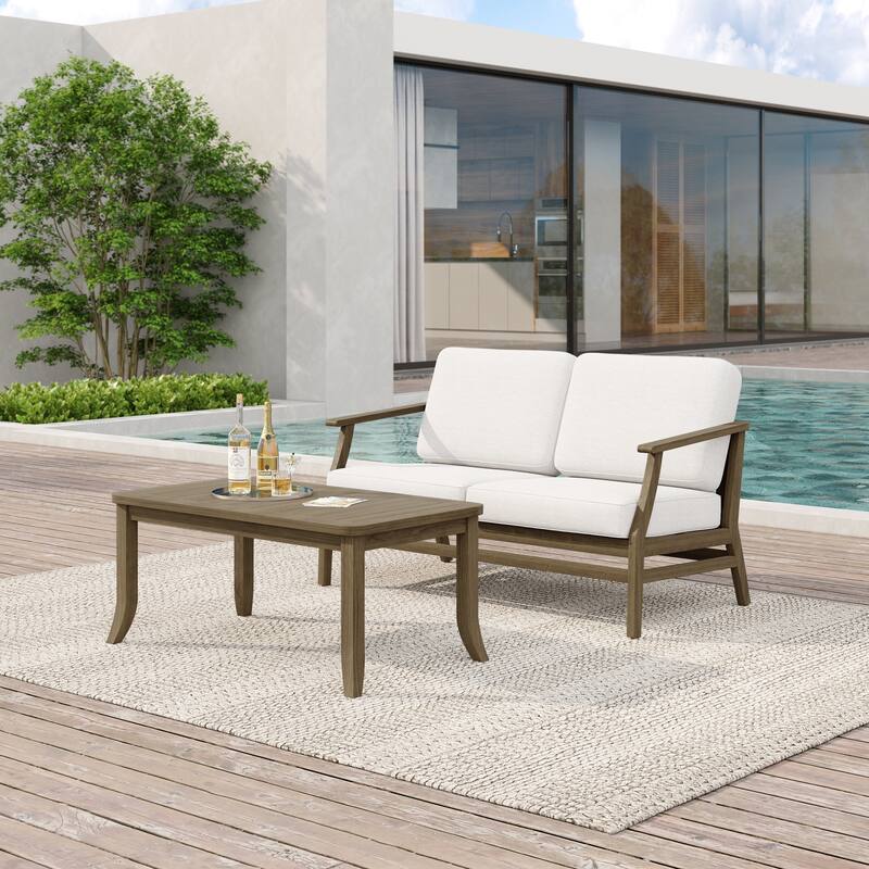 Teak Wood Patio Outdoor Loveseat Sofa and Coffee Table Set