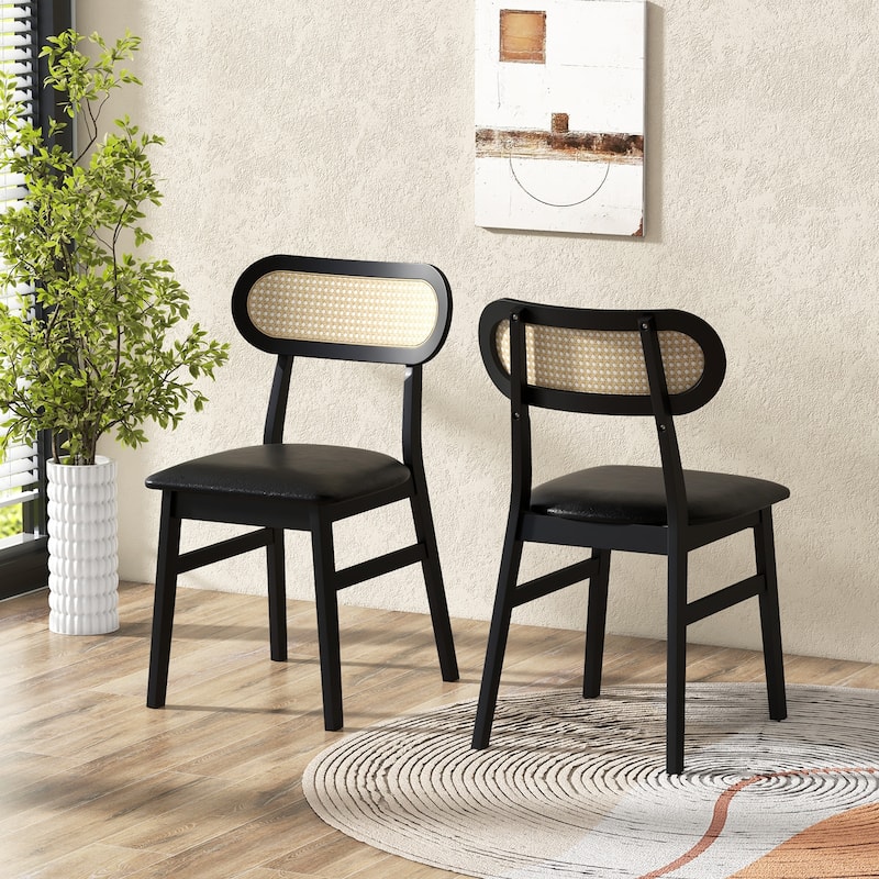 Set of 2 Modern Dining Chairs with Rattan Back and Waterproof PU Cushion Rubber Wood Legs - 19.5" x 19" x 31" (L x W x H) - Black