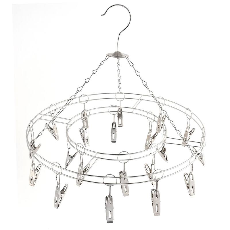 Stainless Steel Round Swivel Hook 20 Pegs Drying Rack Clothes Hanger - Silver Tone