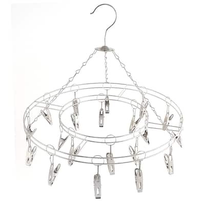 Stainless Steel Round Swivel Hook 20 Pegs Drying Rack Clothes Hanger - Silver Tone