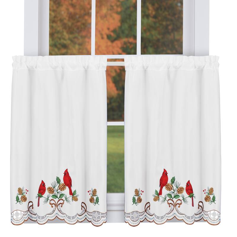 Embroidered Woodland Cardinal Tiered Kitchen Curtains - 36"L Tiers