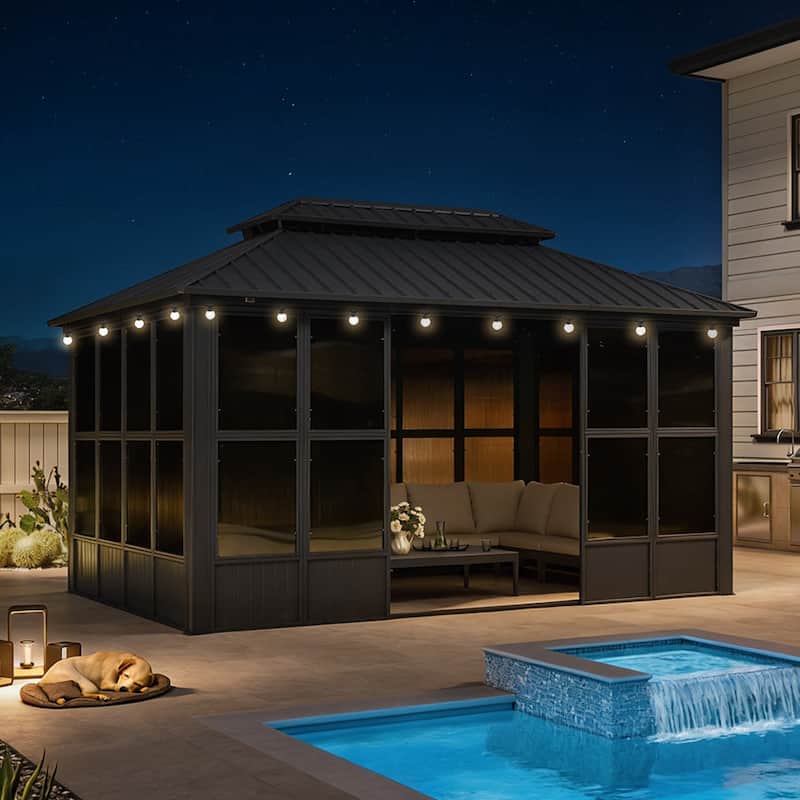 PURPLE LEAF Double Top Outdoor Sunroom All-Weather Screen House Patio Hardtop Gazebo - 10' x 15' - Grey(With Ligths)