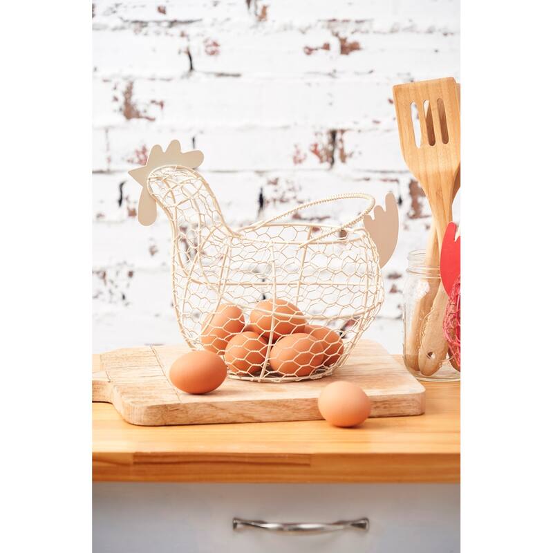11.5 Antique White Farmhouse Vintage Chicken Egg Wire Basket with Handle for Kitchen Living Room Home Decor Storage Collecting