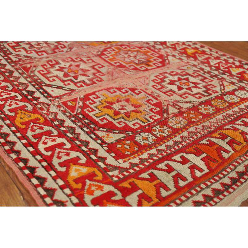 Hand Knotted Oriental 100% Wool Carpet Transitional Geometric Red Anatolian Runner Rug - 9' 9'' X 3' 8''